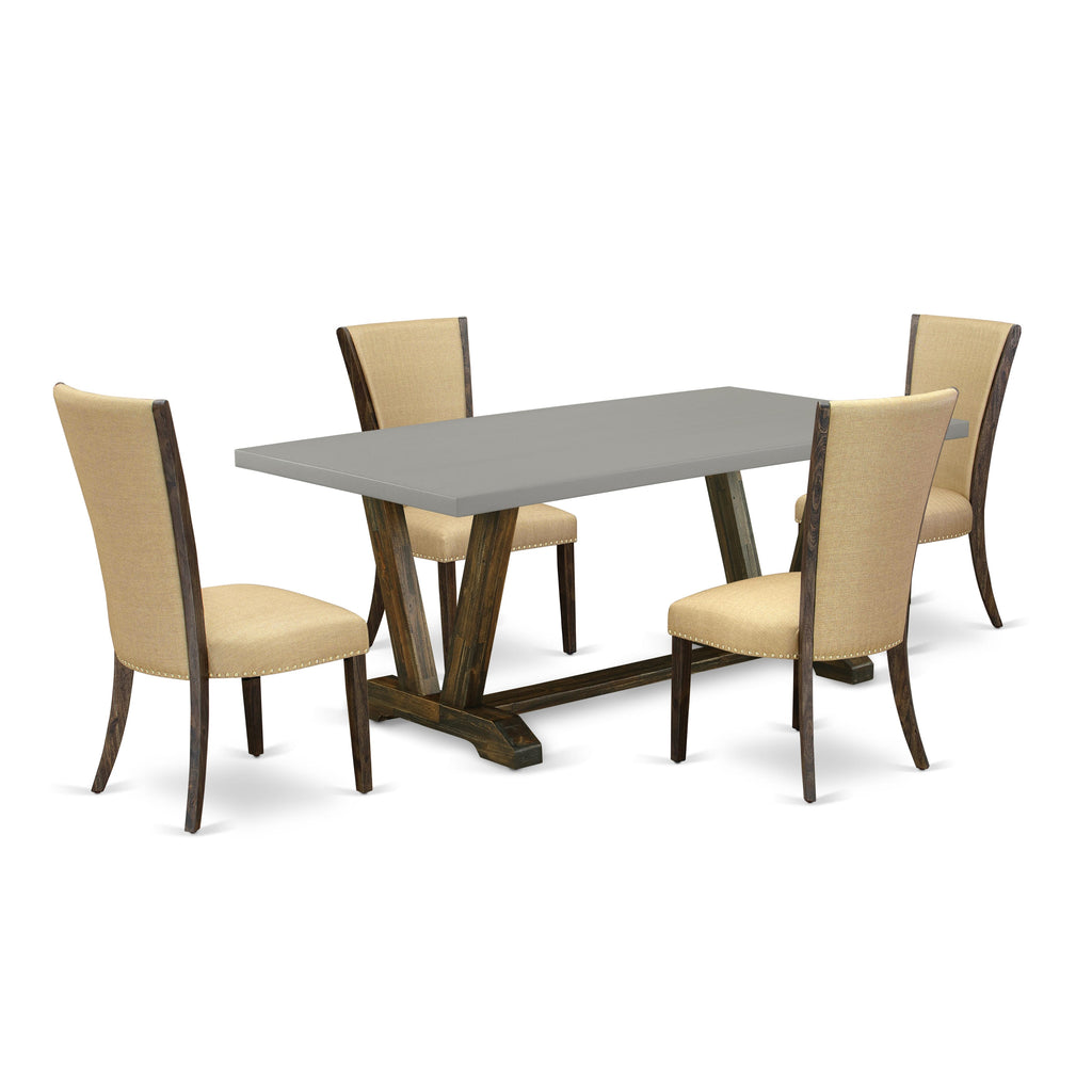 V797V4DX0-B Ensemble 5-Piece Eating Space Set featuring Rectangular Table with V-Style Support and 4 Brown Linen Covered Seating, 40x72 Assorted Shades