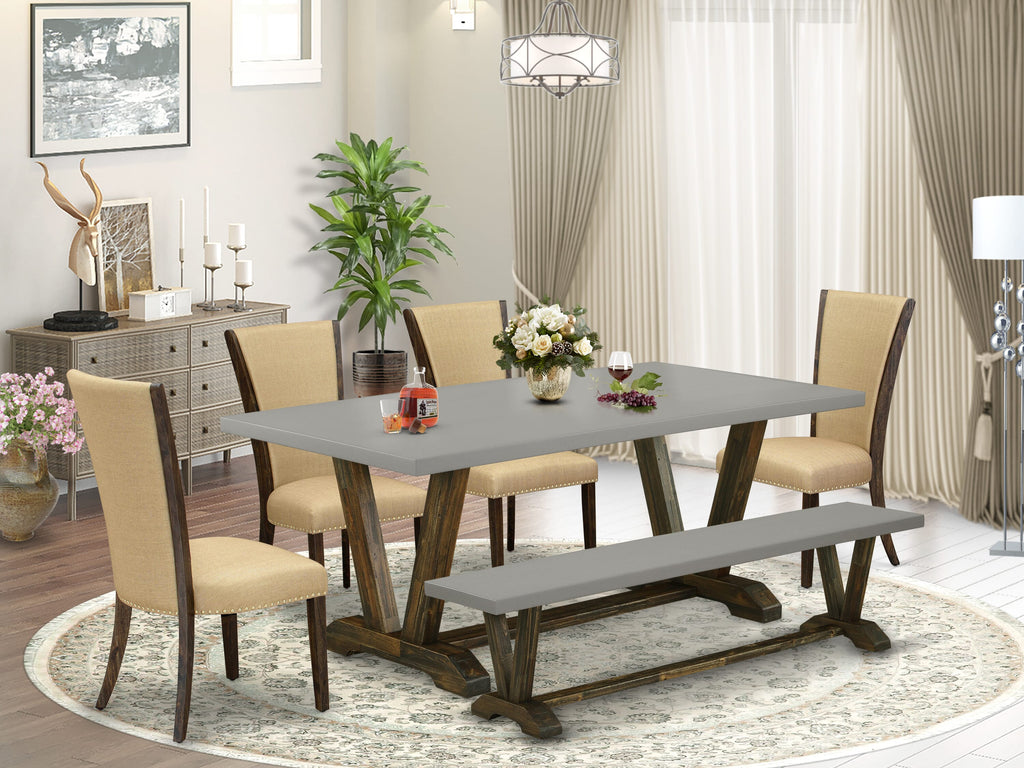 V797VS3W0-3 Stylish 6-Piece Dining Set Rectangular Table with V-Shaped Support, 4 Elegant Brown Parson Chairs & Bench, 40x72 Multi-Hued