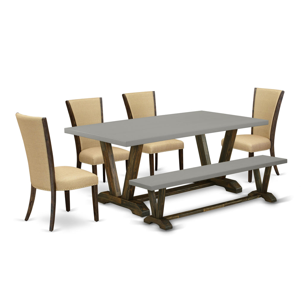V797VS3W0-3 Stylish 6-Piece Dining Set Rectangular Table with V-Shaped Support, 4 Elegant Brown Parson Chairs & Bench, 40x72 Multi-Hued