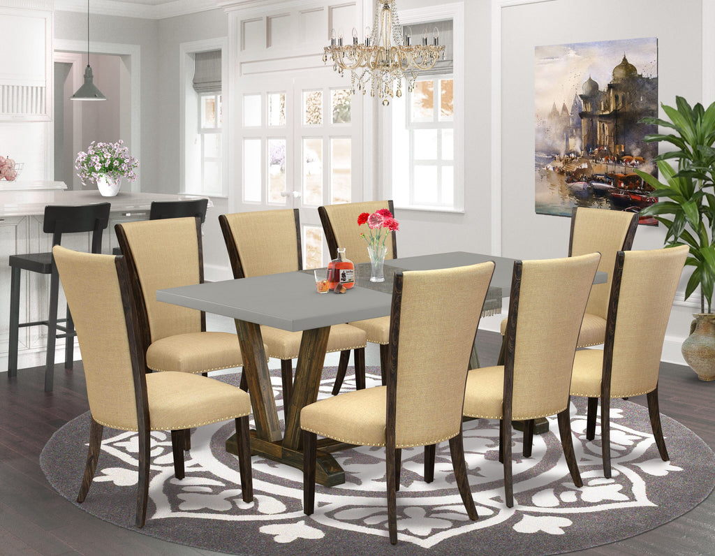 V797VB6DQ-3 Elegant V-Leg Dining Ensemble 9-Piece Set with Spacious Table & 8 Comfy Brown Linen Chairs, 40x72 Multi-Colored Marvel