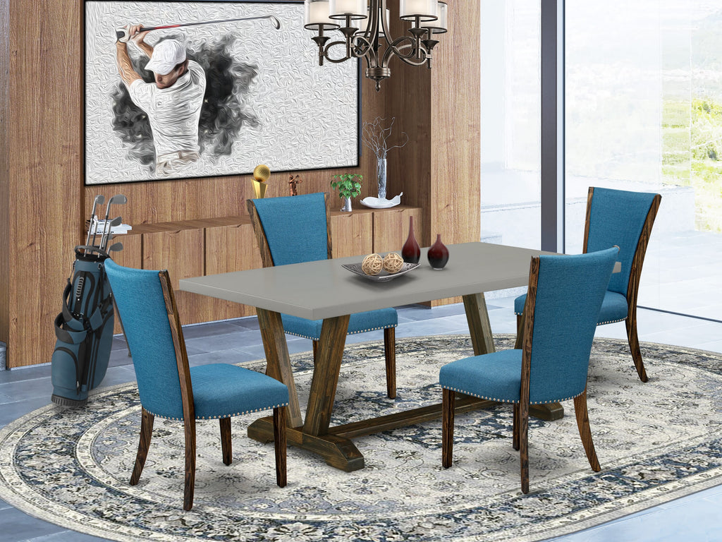 V797VCB9K-5 5-Piece Dining Set with Rectangle Table and 4 Blue Linen Chairs, V-Leg Design, 40x72 Inches, Multi-Color