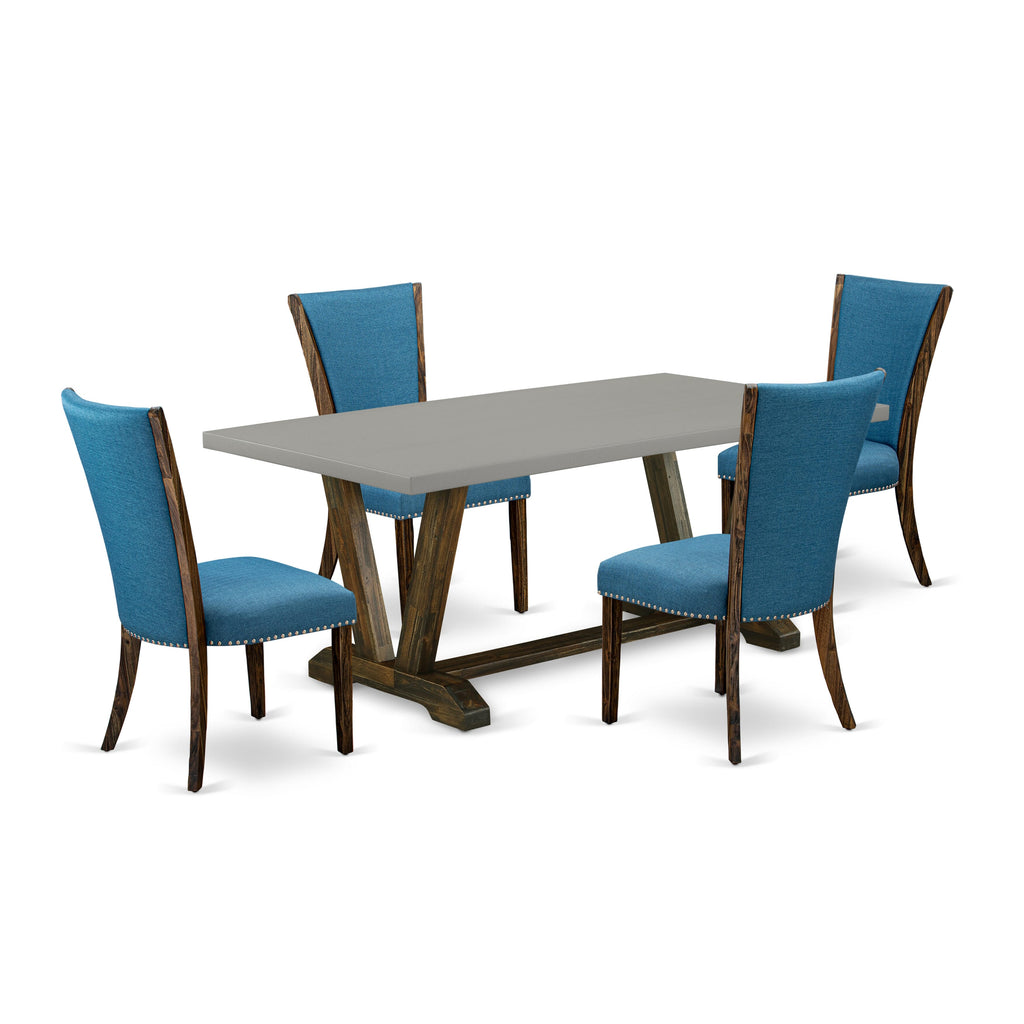 V797VCB9K-5 5-Piece Dining Set with Rectangle Table and 4 Blue Linen Chairs, V-Leg Design, 40x72 Inches, Multi-Color