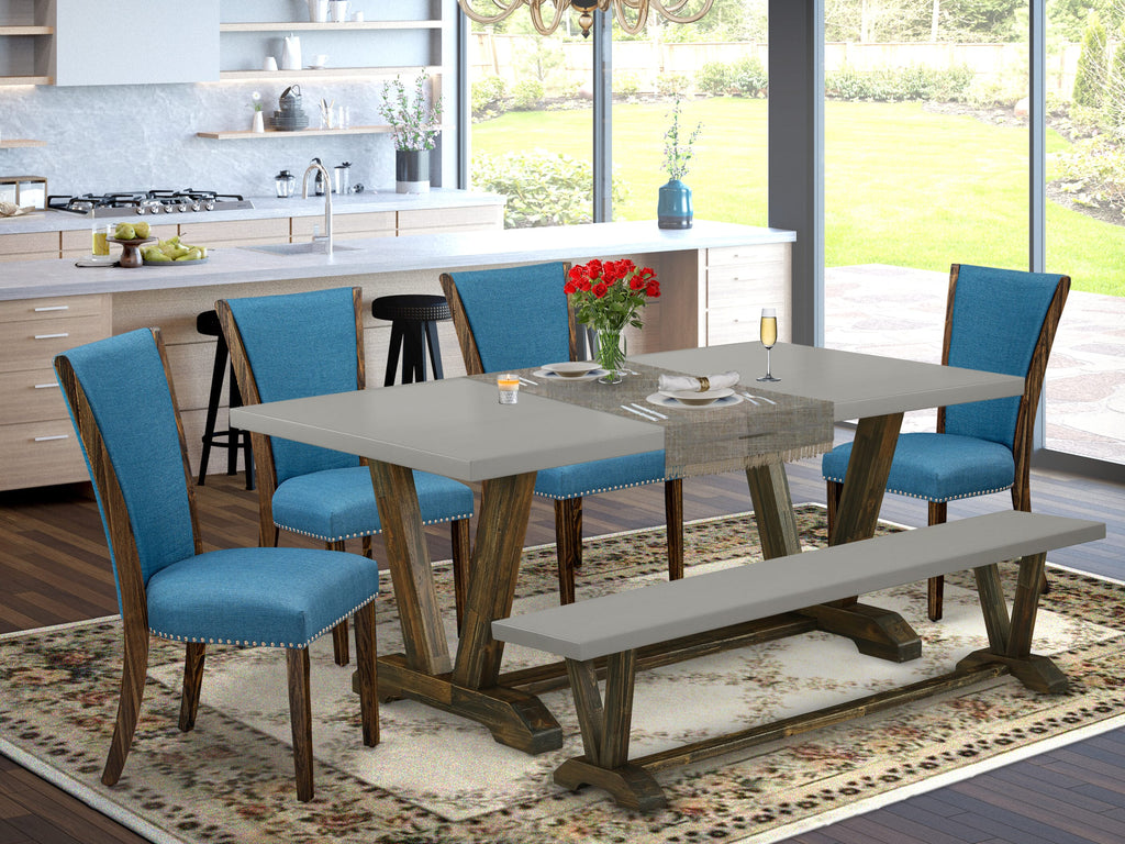 V797VDTF4-0 Stylish Rectangular Dining Table Set with V-Legs Includes 4 Blue Parson Chairs & a Bench, 40x72in