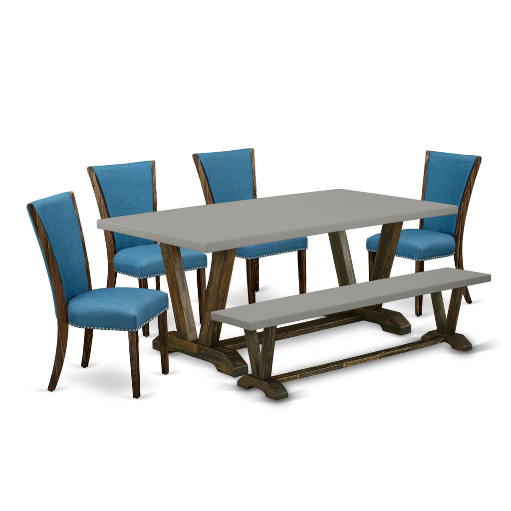 V797VDTF4-0 Stylish Rectangular Dining Table Set with V-Legs Includes 4 Blue Parson Chairs & a Bench, 40x72in