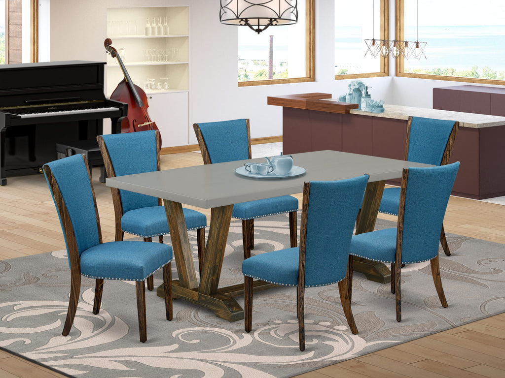 V797VTVRP-7 Dining Set with Rectangular Table and Stylish V-Leg Design, Includes 6 Upholstered Chairs in Blue Upholstery, Multicolor Finish, 7-Piece Collection, 40x72 Inches