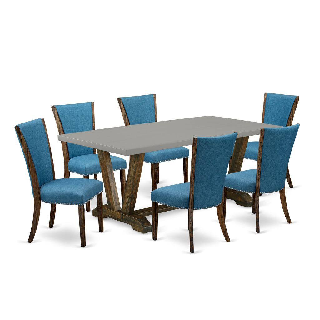 V797VTVRP-7 Dining Set with Rectangular Table and Stylish V-Leg Design, Includes 6 Upholstered Chairs in Blue Upholstery, Multicolor Finish, 7-Piece Collection, 40x72 Inches