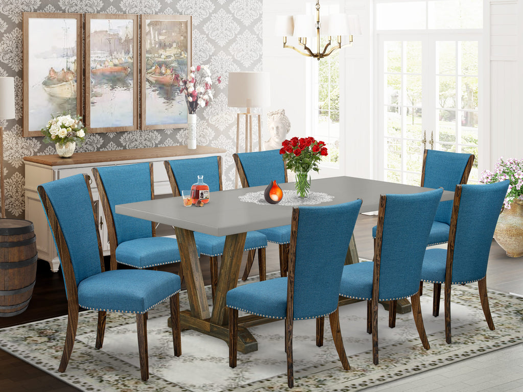 V797V22HP-C Elegant 9-Piece Dining Table Arrangement with V-Legs and Blue Upholstered Chairs for Multi-Color Decor, 40x72