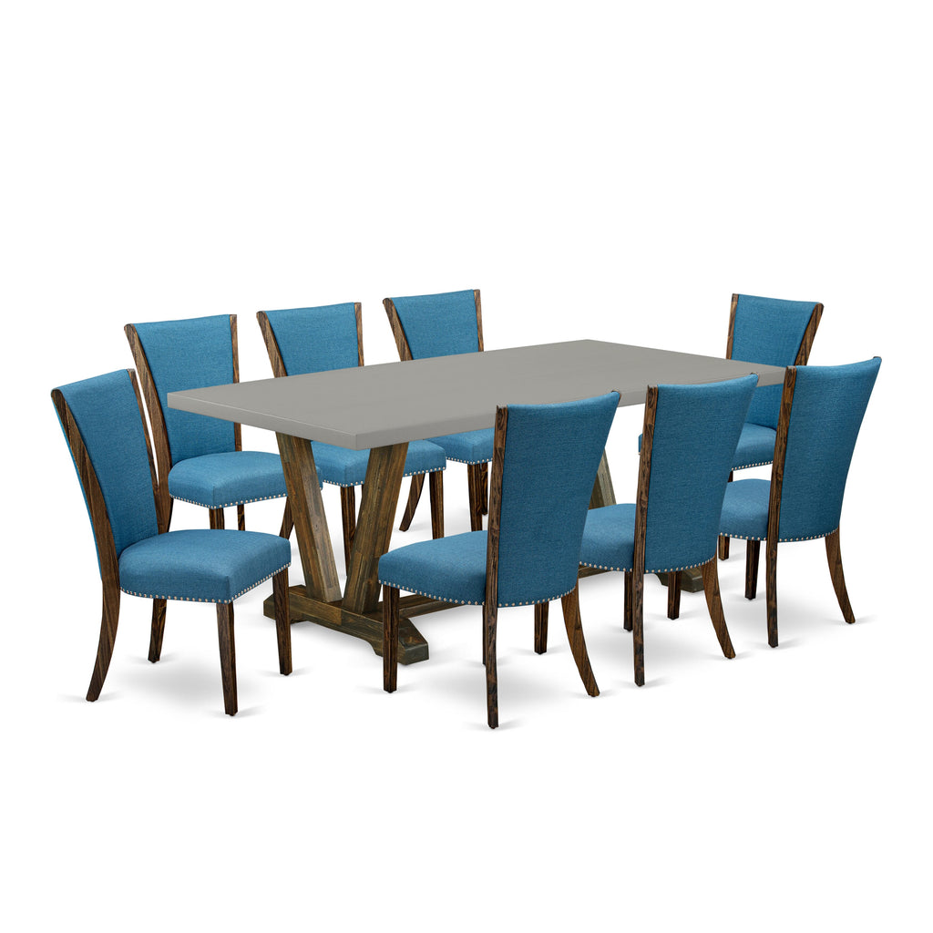 V797V22HP-C Elegant 9-Piece Dining Table Arrangement with V-Legs and Blue Upholstered Chairs for Multi-Color Decor, 40x72