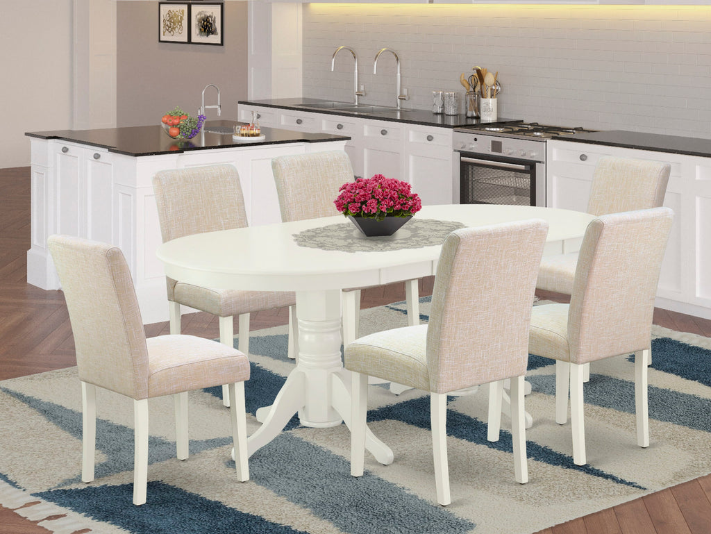 VAAB7-V9C-0V 7 Piece Dining Set with Convertible Oval Table & 6 Beige Fabric Chairs, Linen White Finish, 40x76 Inch