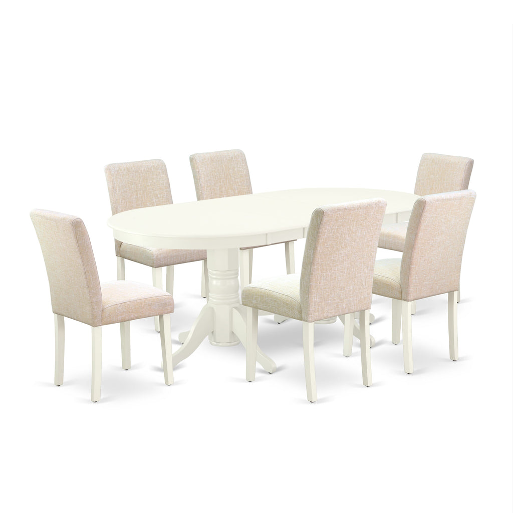 VAAB7-V9C-0V 7 Piece Dining Set with Convertible Oval Table & 6 Beige Fabric Chairs, Linen White Finish, 40x76 Inch