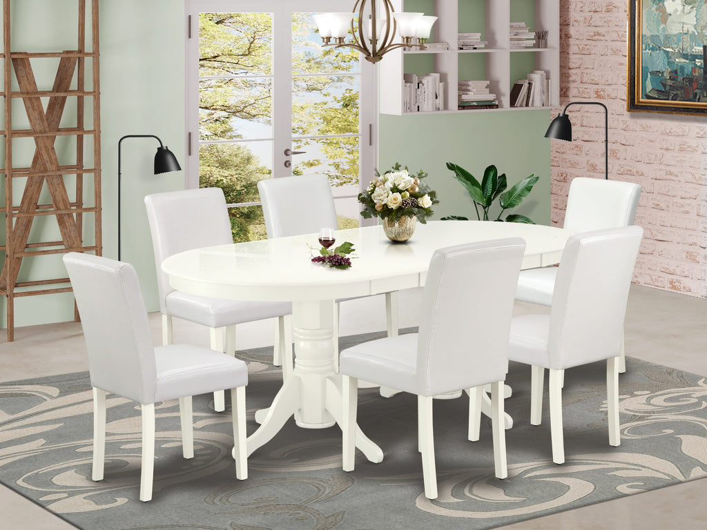 VAAB7-R2R-W3 Elegant White 7-Piece Dining Collection Oval Table with Leaf & 6 Faux Leather Chairs, 76x40