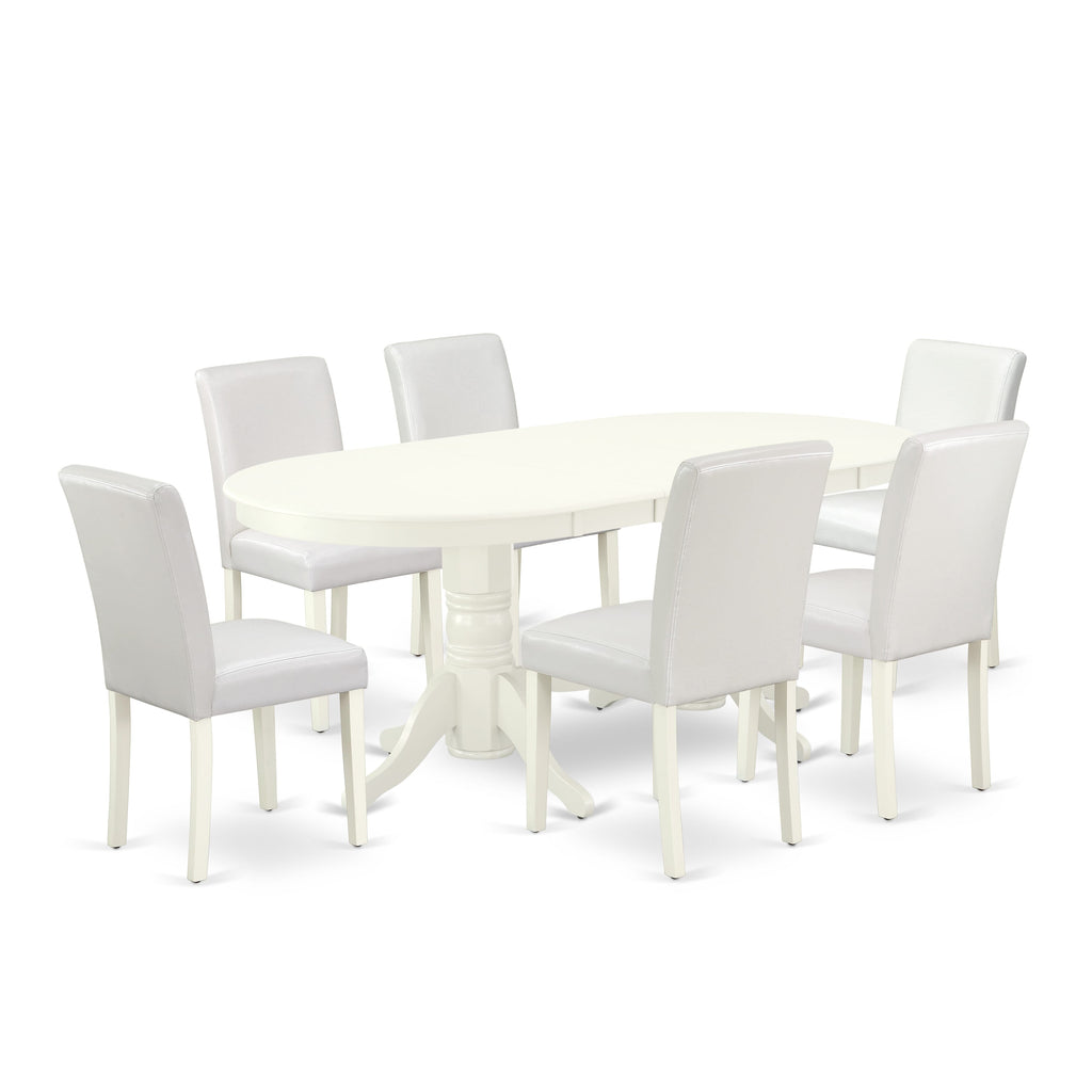 VAAB7-R2R-W3 Elegant White 7-Piece Dining Collection Oval Table with Leaf & 6 Faux Leather Chairs, 76x40