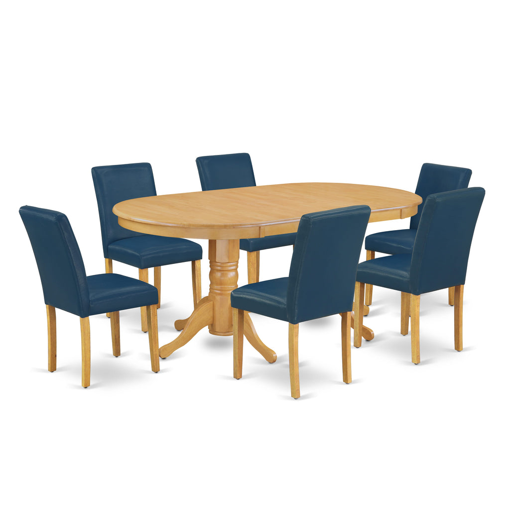 VAAB7-MPR-YU 7-Piece Dining Ensemble with Butterfly Leaf Oval Table and 6 Ocean Blue Upholstered Chairs, Oak Finish, 40x76 Inch