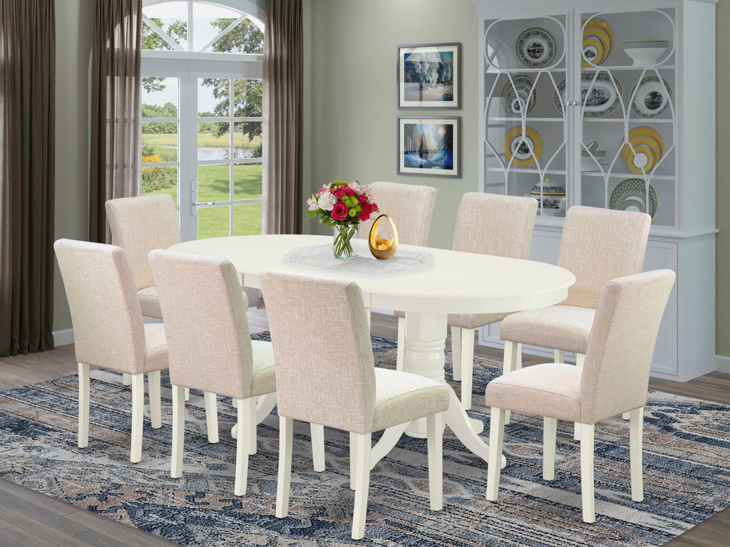 VAAB9-JW9-R1 Elegant Dining Ensemble with Expandable Oval Table & 8 Beige Upholstered Chairs, 40x76, White