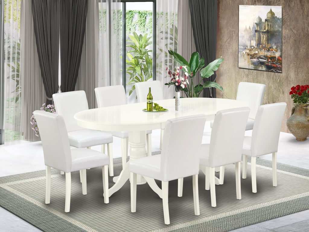 VAAB9-W07-DU Home Dining Ensemble 9-Piece Set featuring Expandable Oval Table with Leaf and 8 Elegant Chairs in White, 40x76