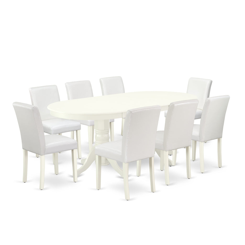 VAAB9-W07-DU Home Dining Ensemble 9-Piece Set featuring Expandable Oval Table with Leaf and 8 Elegant Chairs in White, 40x76