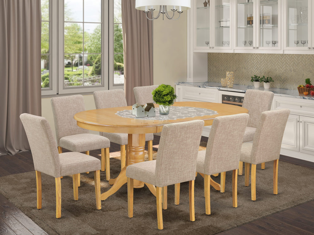 VAAB9-CSZ-R0 - 9-Piece Dining Ensemble with Oval Table & 8 Linen Chairs, Expanding Leaf, Oak Finish