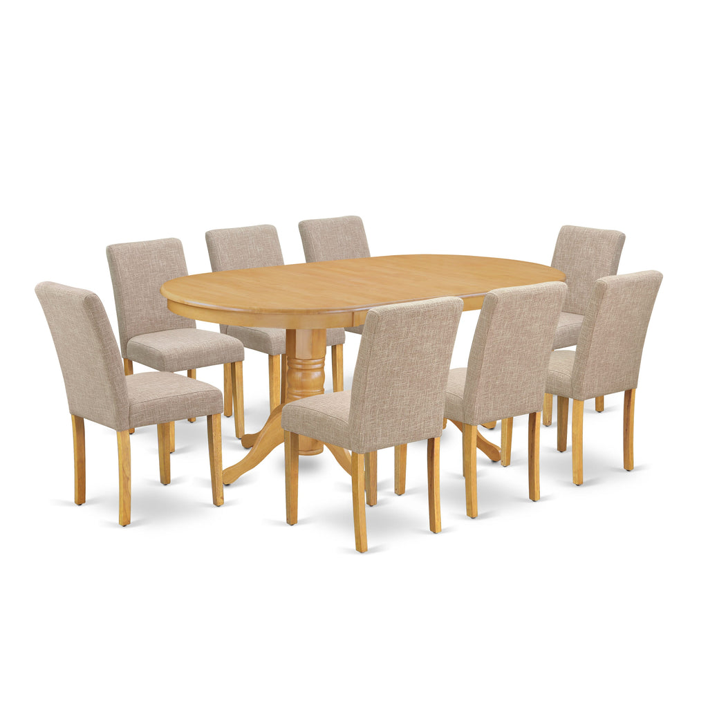VAAB9-CSZ-R0 - 9-Piece Dining Ensemble with Oval Table & 8 Linen Chairs, Expanding Leaf, Oak Finish