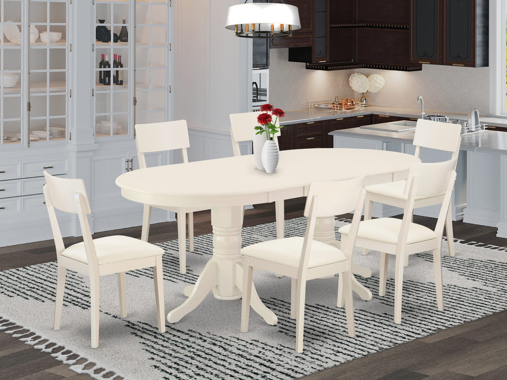 VAAD7-O70-O7 Deluxe 7-Piece Oval Dining Set with Butterfly Leaf and Upholstered Chairs - 40x76 Linen White
