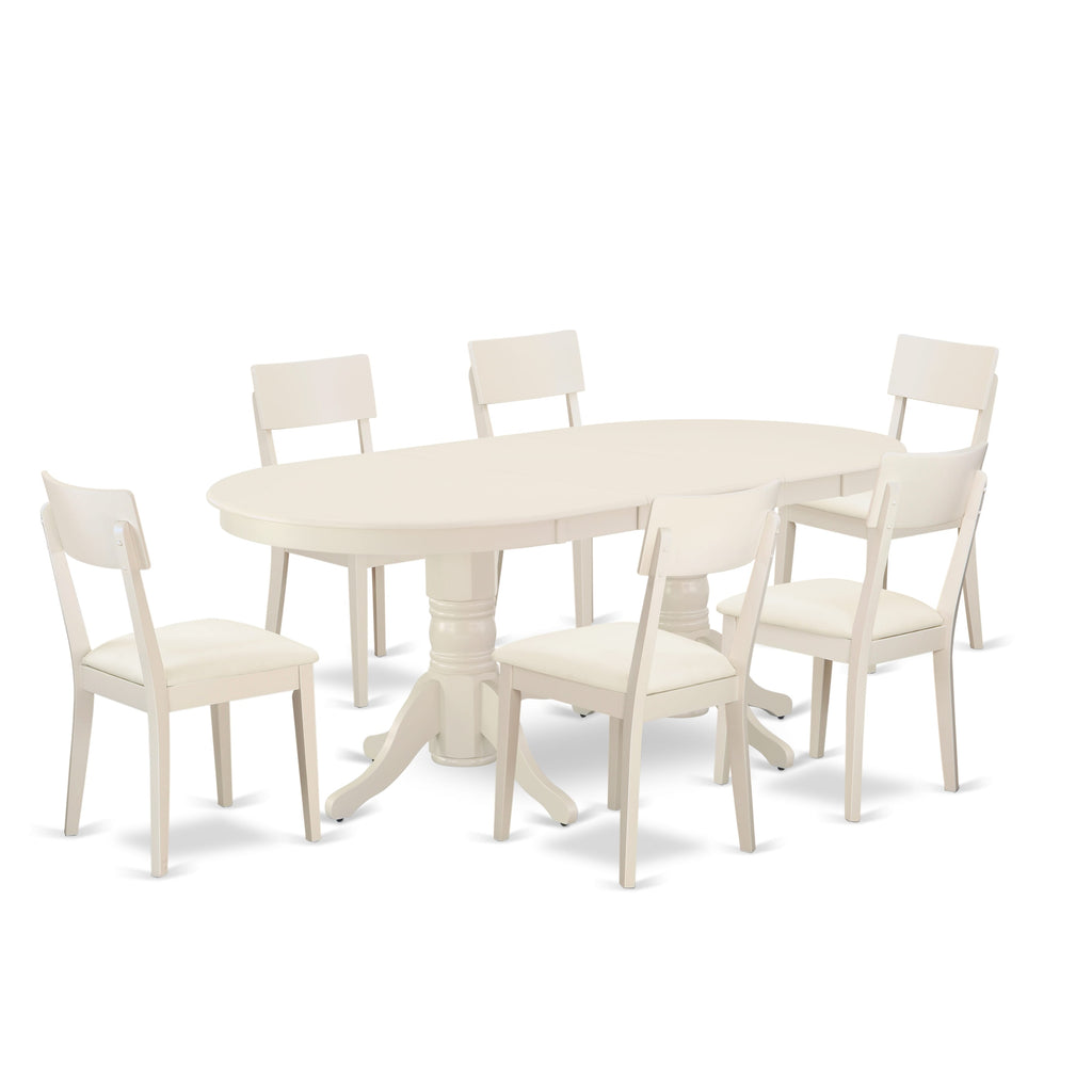 VAAD7-O70-O7 Deluxe 7-Piece Oval Dining Set with Butterfly Leaf and Upholstered Chairs - 40x76 Linen White