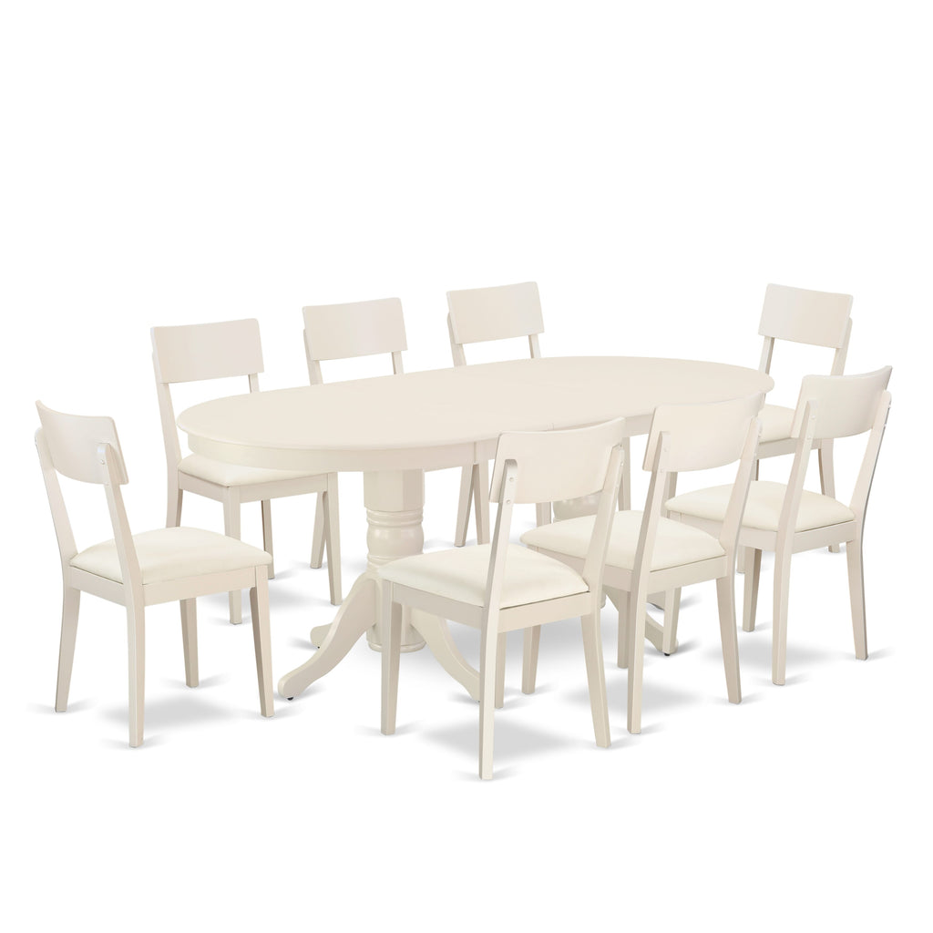 VAAD9-LWH-LC Ensemble 9-Piece Dining Set Featuring Oval Table with Extension and Cushioned Faux Leather Chairs in Light Linen Finish