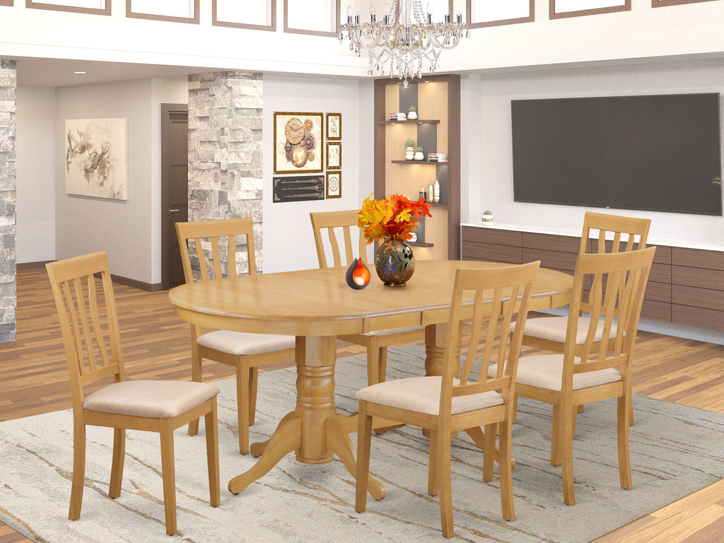 VAAN7-2EE-2 Oval Table Set with Extendable Leaf and 6 Upholstered Seats, 40x76, Oak Finish