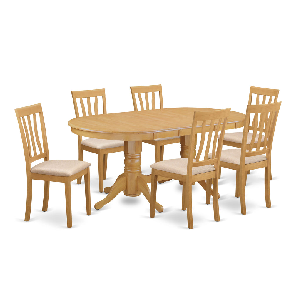 VAAN7-2EE-2 Oval Table Set with Extendable Leaf and 6 Upholstered Seats, 40x76, Oak Finish