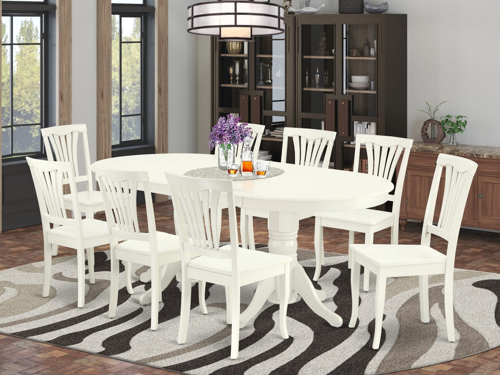 VAAV9-ZQX-U 9 Piece Dining Suite with Expandable Oval Table and 8 Wood Chairs, 40x76 Inch, Linen White