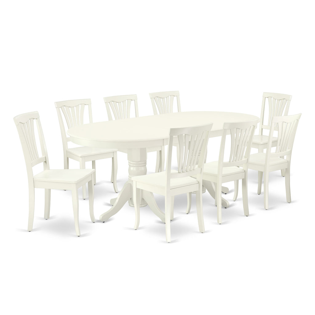 VAAV9-ZQX-U 9 Piece Dining Suite with Expandable Oval Table and 8 Wood Chairs, 40x76 Inch, Linen White