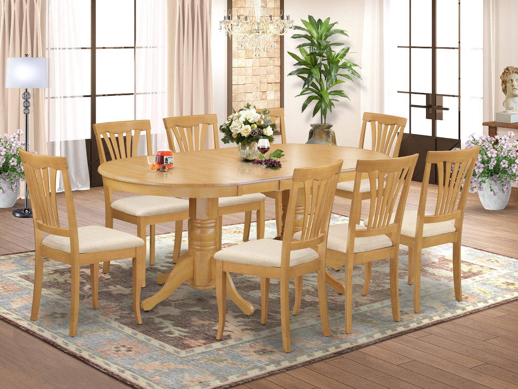 VAAV9-7GG-P 9-Piece Dining Set Elegant Oval Table with Extension and 8 Upholstered Chairs, Oak Finish, 40x76