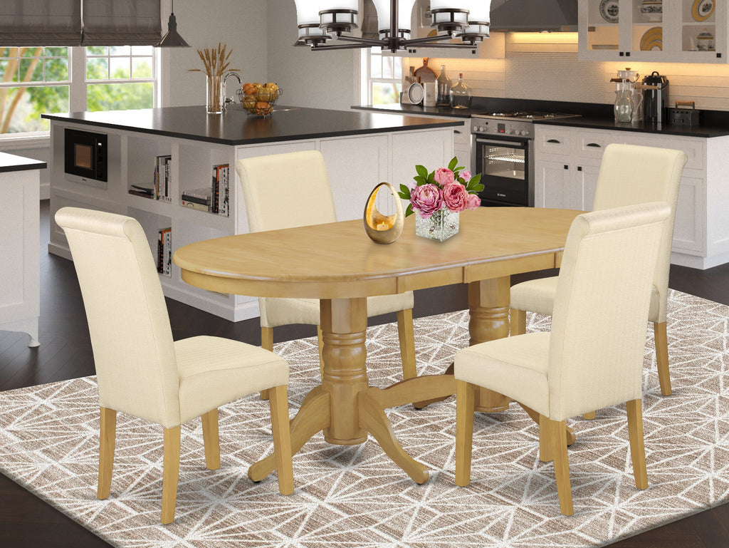 VABA5-QLI-SS Elegant 5-Piece Dining Set Oval Table with Leaf & 4 Beige Fabric Chairs, 40x76 Inch