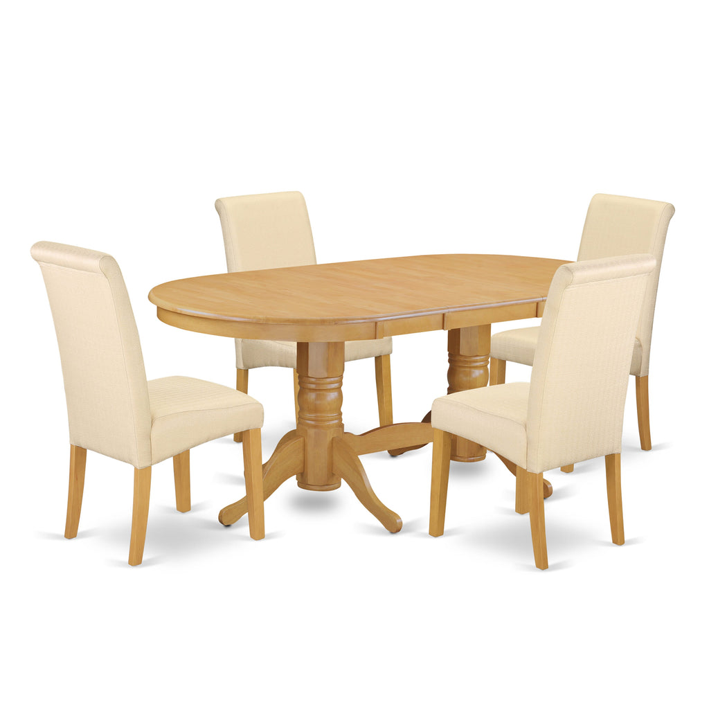 VABA5-QLI-SS Elegant 5-Piece Dining Set Oval Table with Leaf & 4 Beige Fabric Chairs, 40x76 Inch