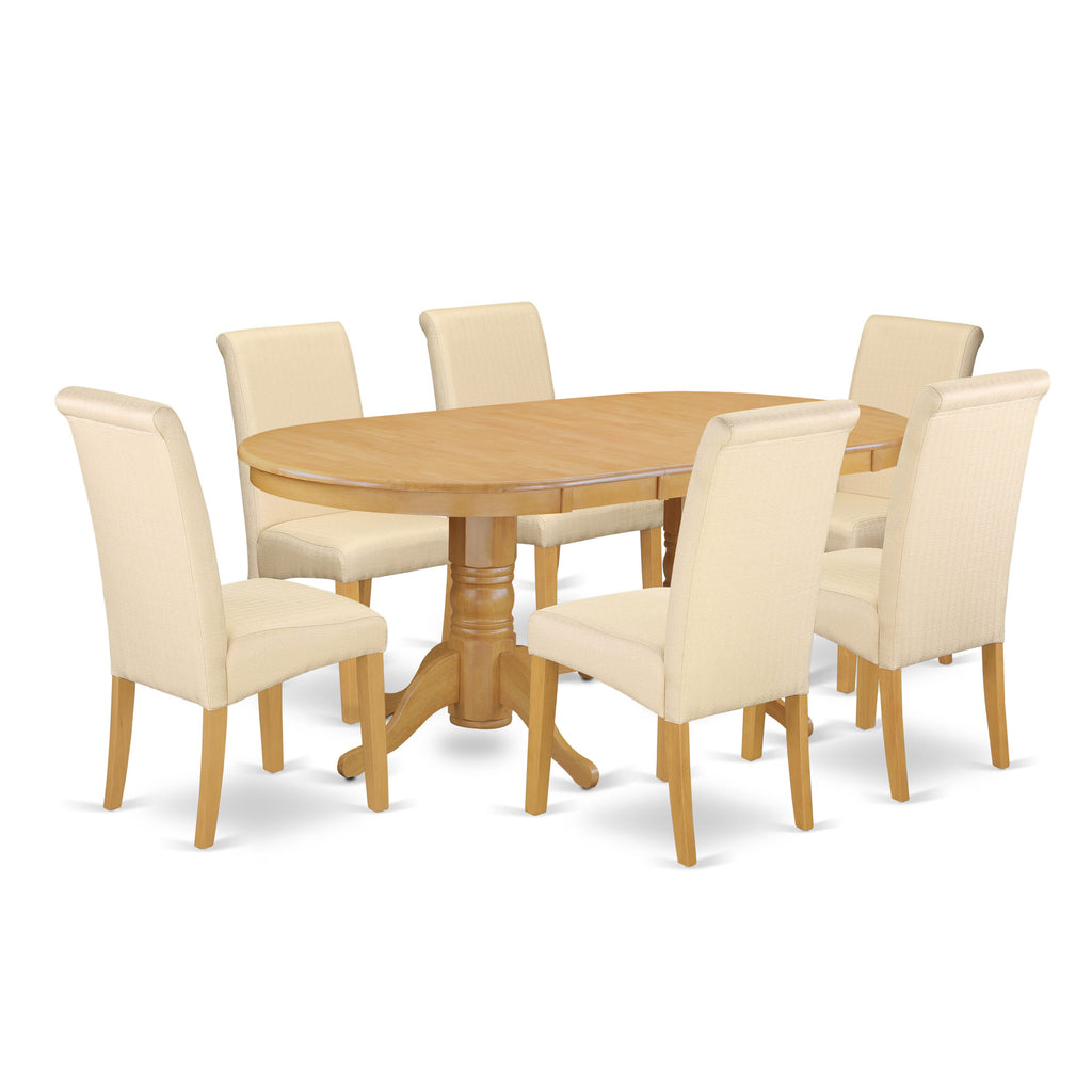 VABA7-VXN-X1 Unique 7-Piece Dining Set with Oval Table, Leaf Extension & 6 Beige Cushioned Chairs, Oak Finish