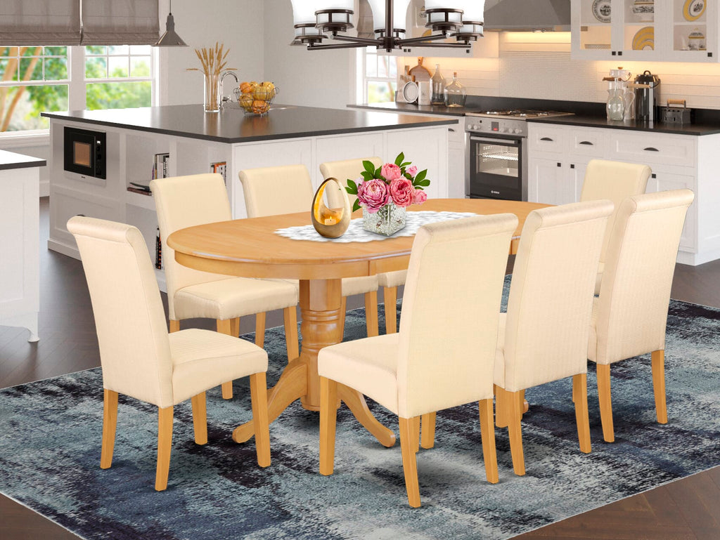 VABA9-TU8-QN 9-Piece Dining Set with Oval Leaf Table & Beige Chairs for Elegant Spaces