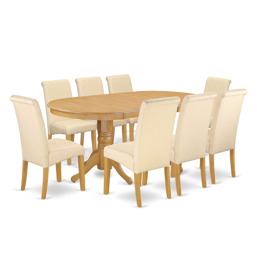 VABA9-TU8-QN 9-Piece Dining Set with Oval Leaf Table & Beige Chairs for Elegant Spaces