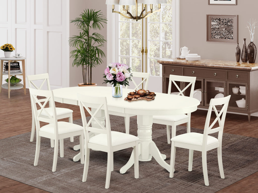 VABO7-2WQ-CY Exquisite 7-Piece Oval Dining Ensemble with Butterfly Leaf and 6 Elegant Faux Leather Chairs in Classic Linen White Finish