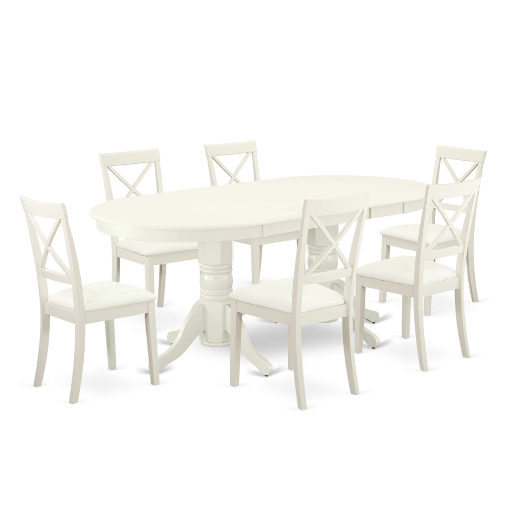 VABO7-2WQ-CY Exquisite 7-Piece Oval Dining Ensemble with Butterfly Leaf and 6 Elegant Faux Leather Chairs in Classic Linen White Finish