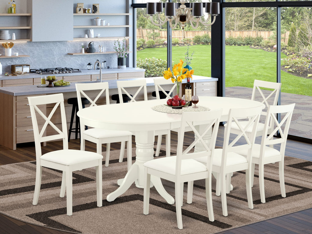 VABO9-1G5-PA Deluxe Ensemble 9-Piece Dining Set with Sleek Oval Table & Amplified Comfort Chairs in Classic Linen White