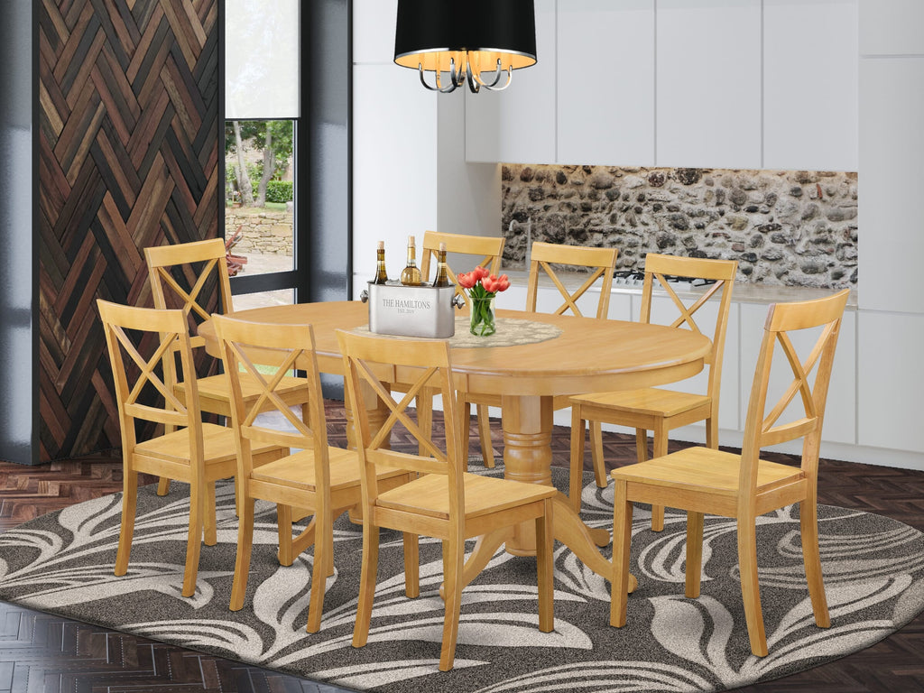VABO9-502-C Chic 9-Piece Dining Ensemble with Expansive Oval Table and 8 Chic Chairs, Oak Finish, 40x76