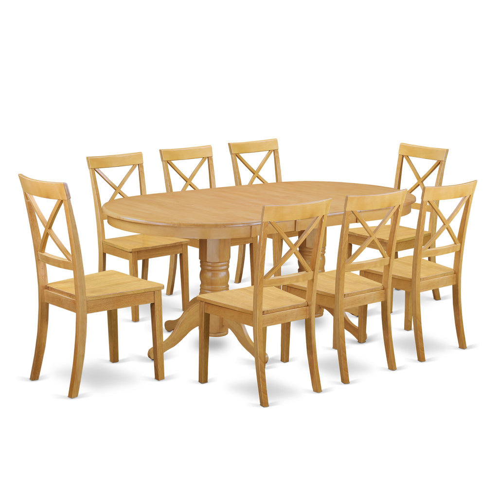 VABO9-502-C Chic 9-Piece Dining Ensemble with Expansive Oval Table and 8 Chic Chairs, Oak Finish, 40x76