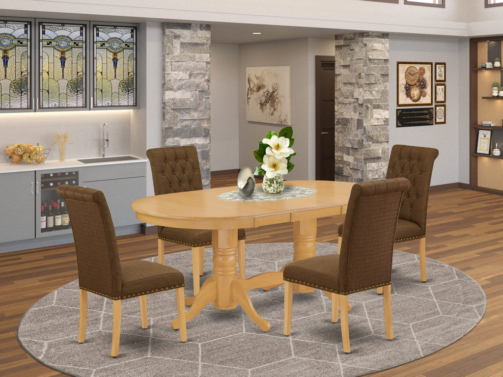 VABR5-POL-UO Deluxe 5-Piece Oval Dining Set with Extendable Table and Upholstered Seats for Four, Oak Finish