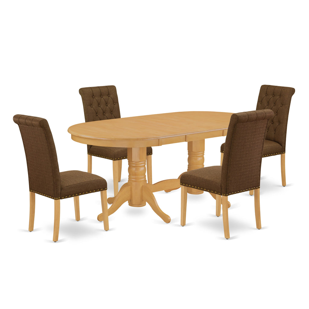 VABR5-POL-UO Deluxe 5-Piece Oval Dining Set with Extendable Table and Upholstered Seats for Four, Oak Finish