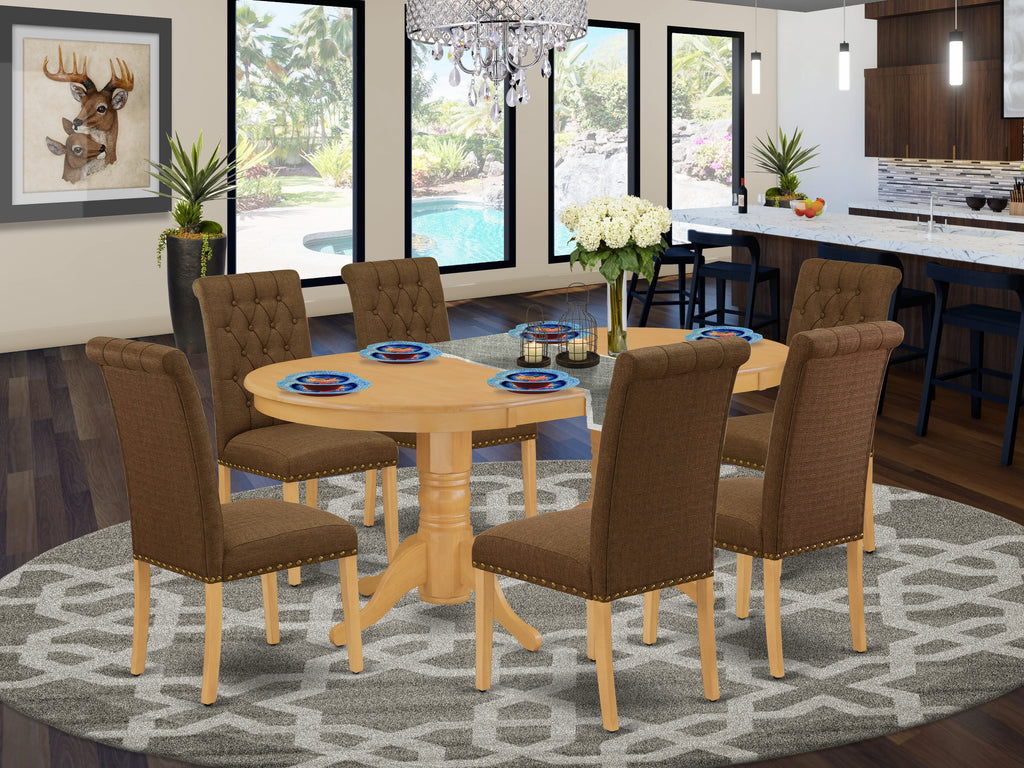 VABR7-086-OQ Elegant 7-Piece Oak Dining Set with Butterfly Leaf Oval Table & Upholstered Brown Chairs