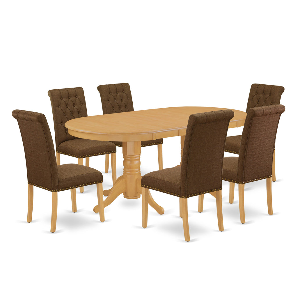 VABR7-086-OQ Elegant 7-Piece Oak Dining Set with Butterfly Leaf Oval Table & Upholstered Brown Chairs
