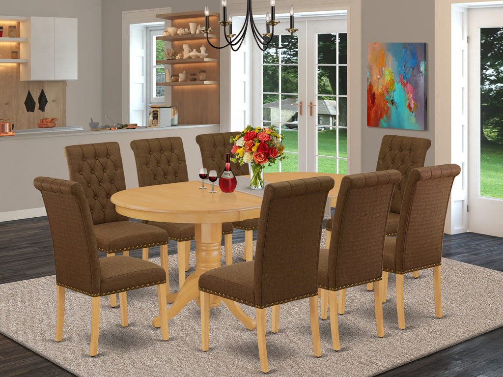 VABR9-BZX-NX 9-Piece Dining Ensemble with Oval Leaf Table and Brown Linen Upholstered Chairs, 40x76 Inch, Oak Finish