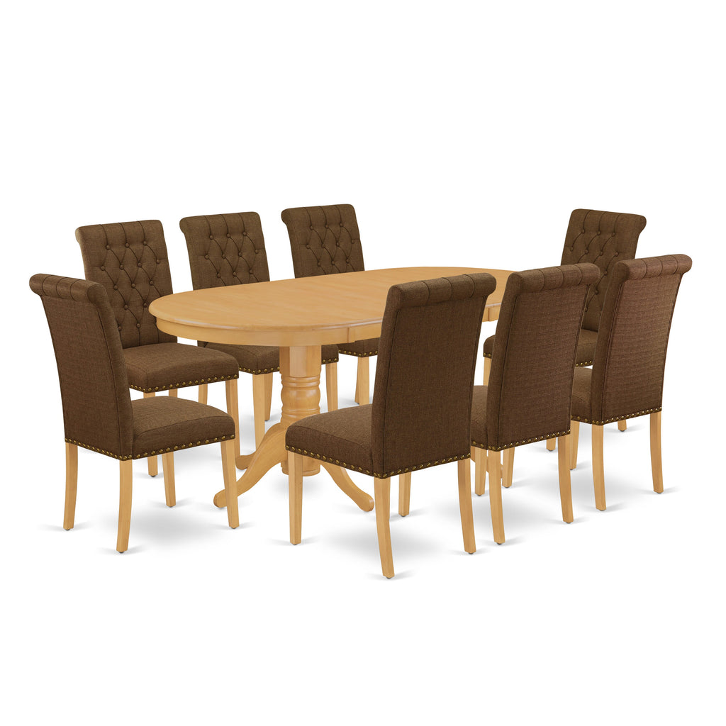 VABR9-BZX-NX 9-Piece Dining Ensemble with Oval Leaf Table and Brown Linen Upholstered Chairs, 40x76 Inch, Oak Finish