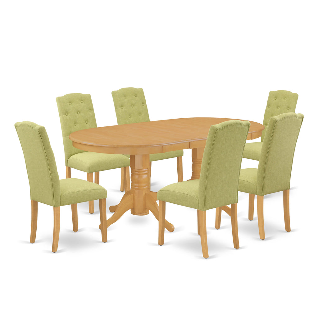 VACE7-7NN-HX 7-Piece Dining Ensemble with Oval Table and Six Limelight Linen Fabric Chairs, Oak Finish