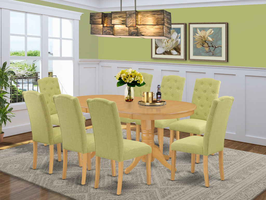 VACE9-3IK-EE 9 Piece Dining Set with Oval Table and 8 Limelight Fabric Parsons in Oak Finish, 76