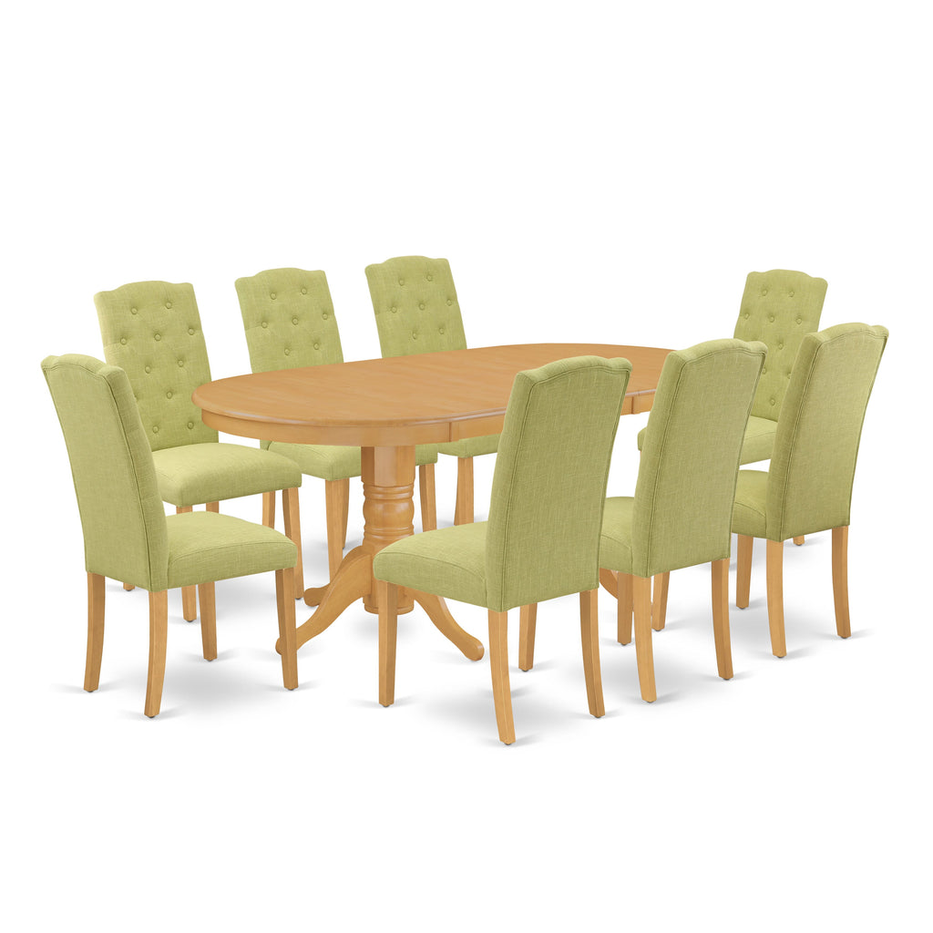 VACE9-3IK-EE 9 Piece Dining Set with Oval Table and 8 Limelight Fabric Parsons in Oak Finish, 76