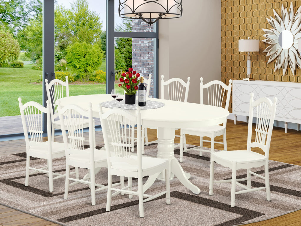 VADO9-X2R-Y Premium 9-Piece Oval Dining Set with Butterfly Leaf & 8 Elegant Chairs, 40x76 Inch in Linen White